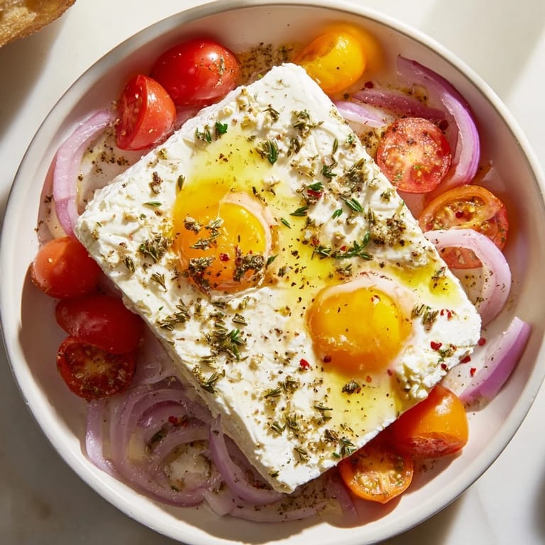 Golden, baked Mediterranean feta & eggs served with fresh herbs, ready for dipping bread.