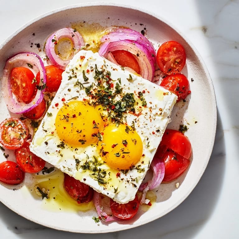 A finished dish of Mediterranean baked feta & eggs, featuring runny yolks and savory flavors.