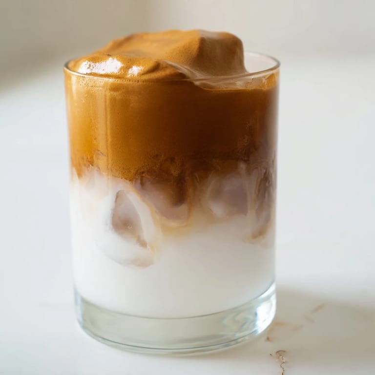 Homemade brown sugar dalgona latte, swirled with caramel tones, offering a sweet & caffeinated treat.