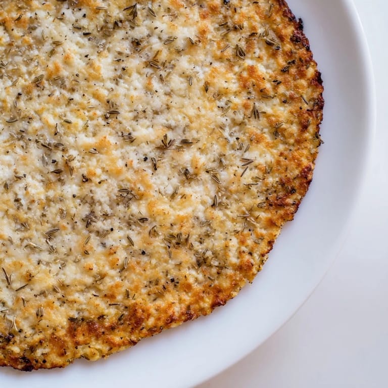 Crispy, low-carb Cauliflower Pizza Crust, perfectly round, waiting for delicious cheese and sauce.
