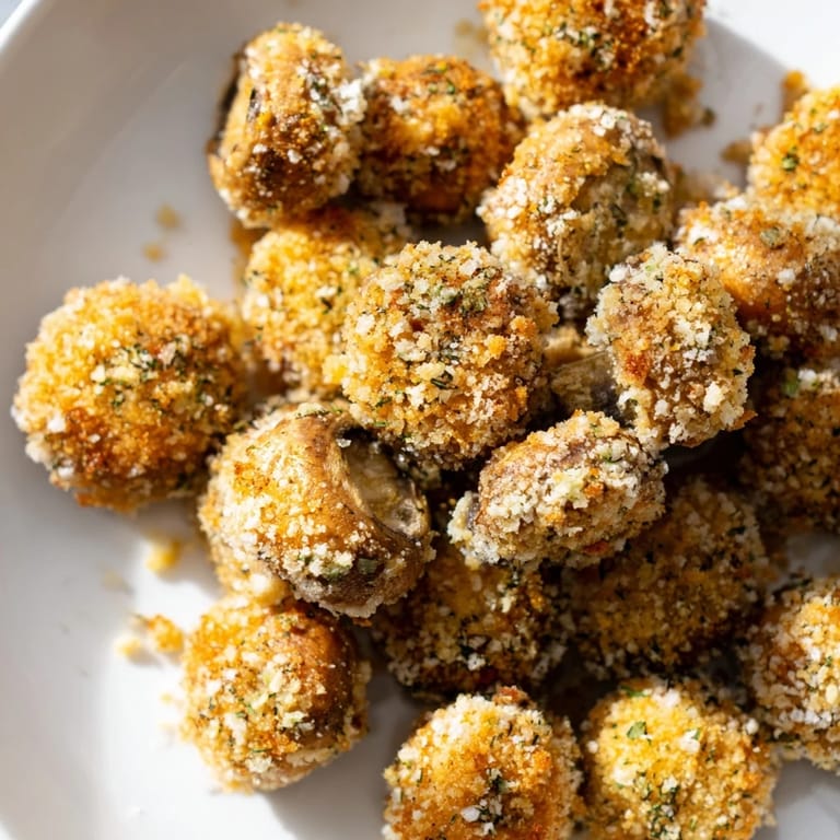 Tender-crisp Ranch-Seasoned Crispy Mushrooms: a plateful of savory mushroom bites ready for dipping.