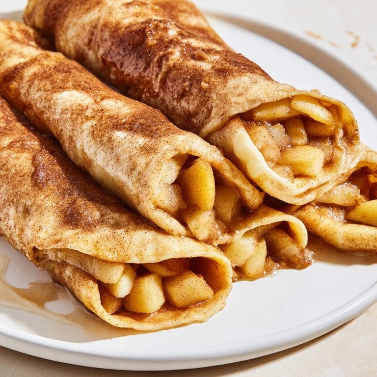 Close-up of baked Apple Pie Roll-Ups showcasing a flaky, golden tortilla wrapped around spiced apple filling.