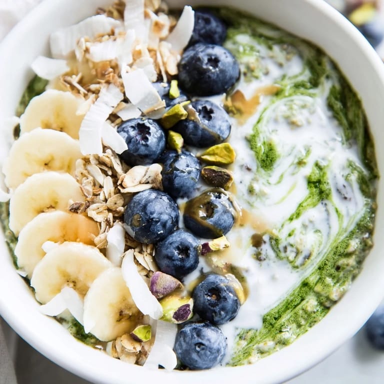 This satisfying photo showcases beautifully prepared matcha overnight oats, ready for a delicious breakfast.
