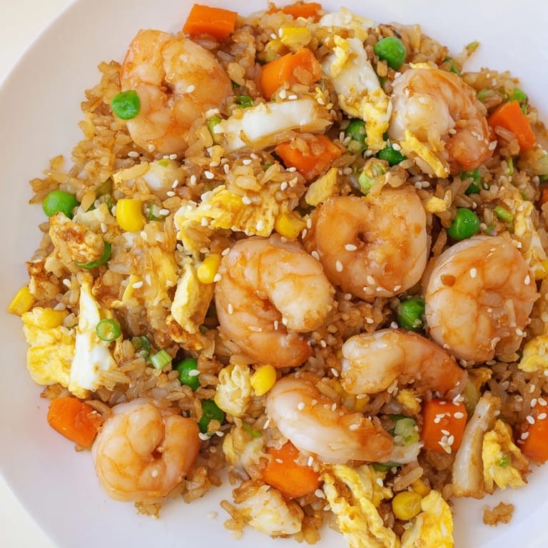 Golden, glistening shrimp fried rice piled high, showcasing the tender shrimp and vibrant vegetables.