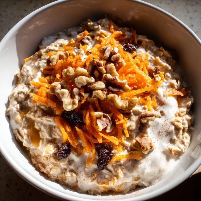 Enjoy a layered jar of Carrot Cake Overnight Oats, showcasing oats, carrots, and sweet spices.