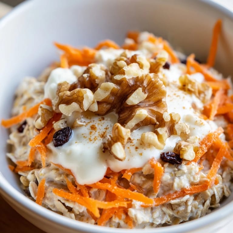 Vibrant image of chilled Carrot Cake Overnight Oats, topped with nuts and a creamy frosting drizzle.