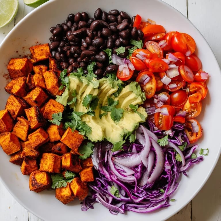A delicious photo of vegan sweet potato taco bowls, overflowing with fresh, vibrant ingredients.
