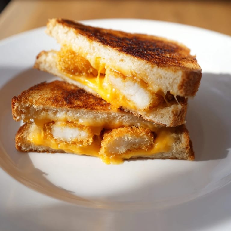 Crispy chicken nuggets layered in gooey cheese between toasted bread making this amazing Chicken Nugget Grilled Cheese.