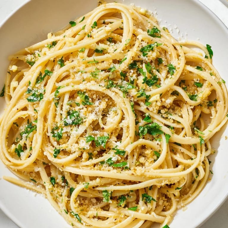 Steaming-hot garlic butter linguine, perfectly coated, with a hint of lemon zest and parmesan.