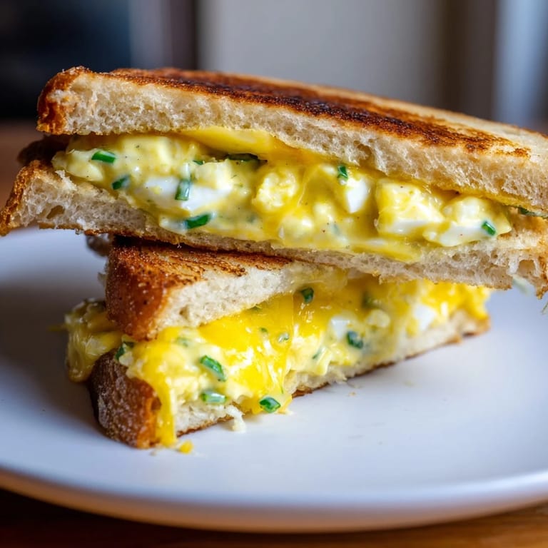Toasted bread oozing melty cheese and creamy egg salad: savory Egg Salad Grilled Cheese, ready in minutes.