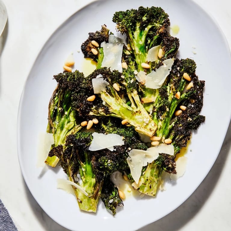 Bright green Charred Broccoli Salad with red onion, a flavorful and easy vegetarian salad to enjoy.