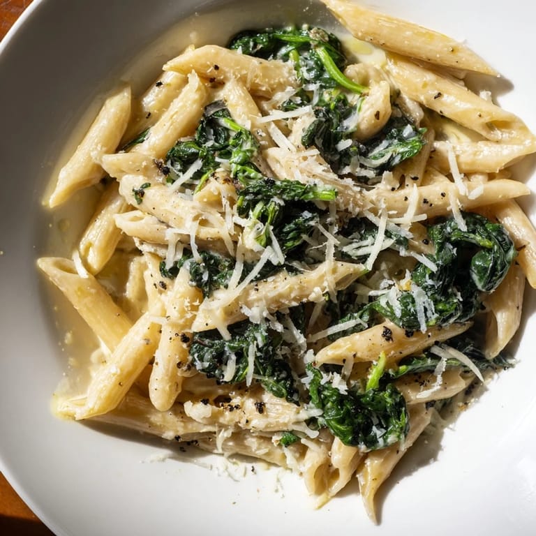 Vibrant green spinach swirls in this creamy spinach pasta, perfect for a vegetarian meal.