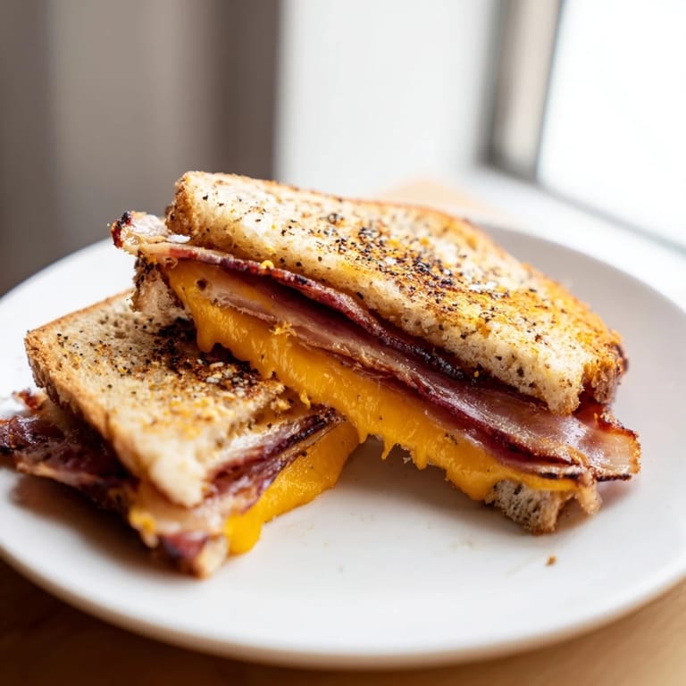 Close-up of a perfectly grilled Crispy Bacon Cheddar Grilled Cheese, showcasing bacon and melted cheddar.