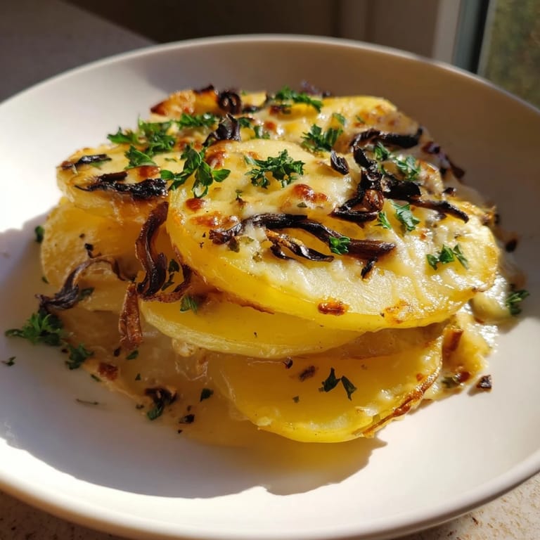 A close-up of crispy French Onion Soup Potatoes, showcasing caramelized onions and golden cheese.