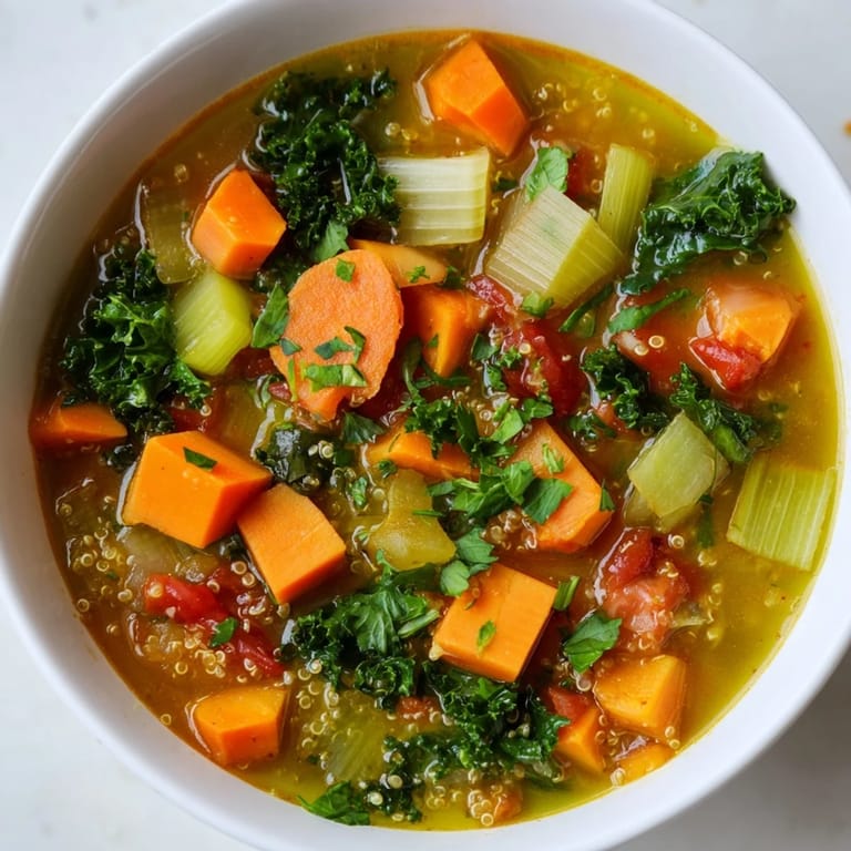 A hearty serving of Nourishing Winter Veggie Soup, with tender vegetables and fluffy quinoa in a flavorful broth.