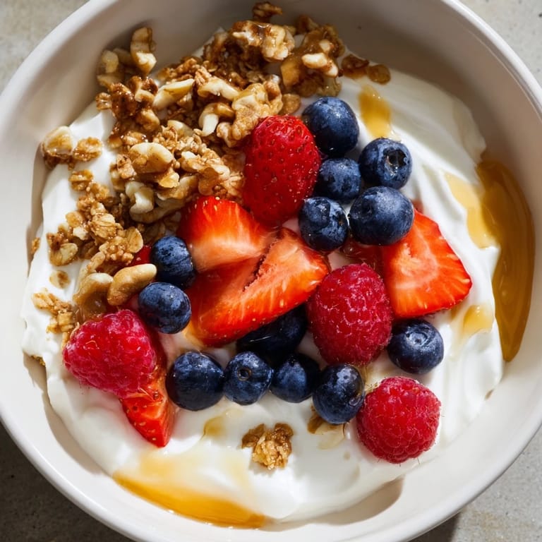 A delicious hot honey bowl with cottage cheese, fresh berries, and crispy granola: a quick breakfast.