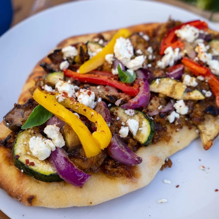 Crispy naan pizza topped with a colorful medley of roasted vegetables and creamy feta cheese.