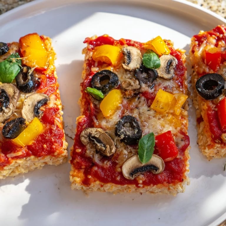 Hot, cheesy rice cake pizza squares; imagine the delicious aroma of Italian-inspired comfort food.