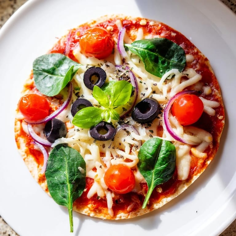 Freshly baked Crispy Tortilla Pizza, with a golden, flaky crust and vibrant vegetables.
