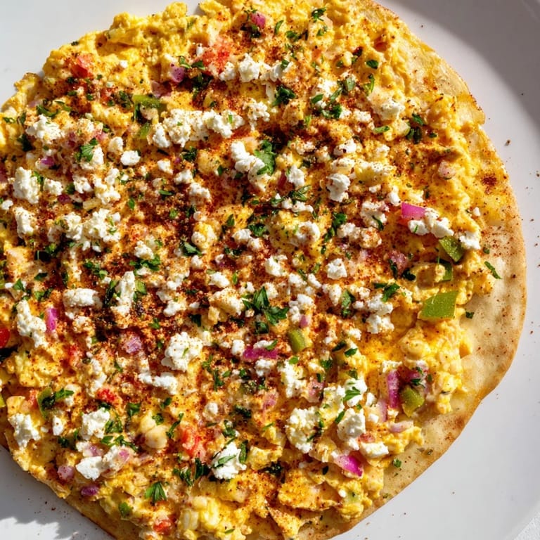 Savory Turkish Menemen Eggs Pizza, a colorful fusion of scrambled eggs and peppers topping a baked pizza.
