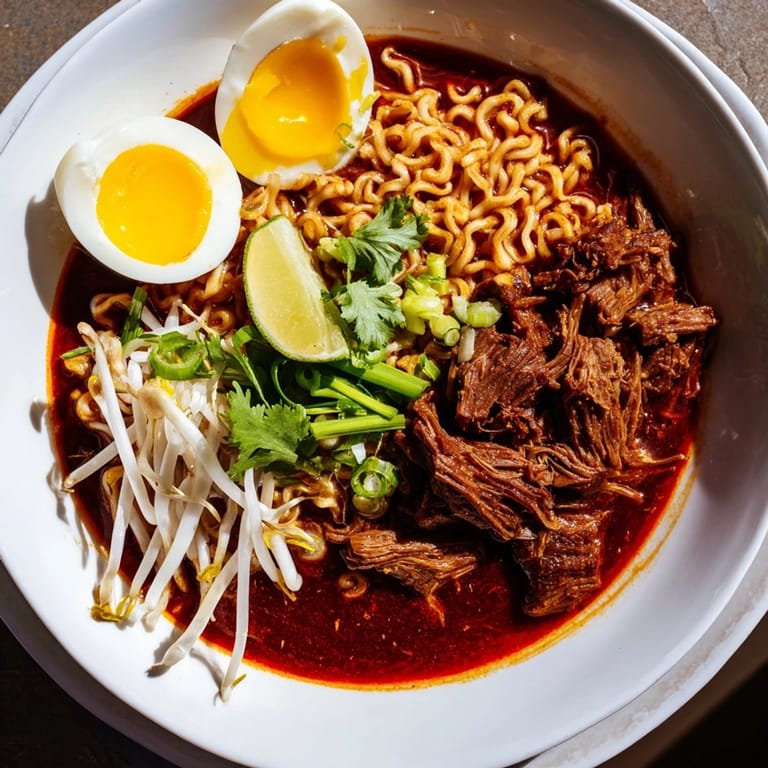 Close-up of Chaos Cooking Birria Ramen, showing the rich, spicy broth and savory shredded beef; a delightful fusion.
