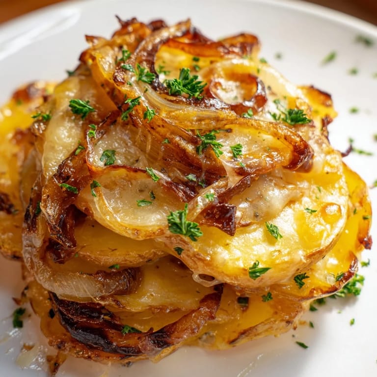 A close-up of French Onion Soup Potatoes, featuring golden spuds, melty cheese, and fresh parsley garnish.
