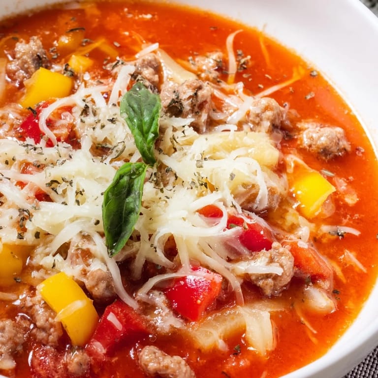 Hearty bowl of homemade Pizza Soup filled with Italian sausage, diced tomatoes, and bell peppers, garnished with shredded mozzarella.  
