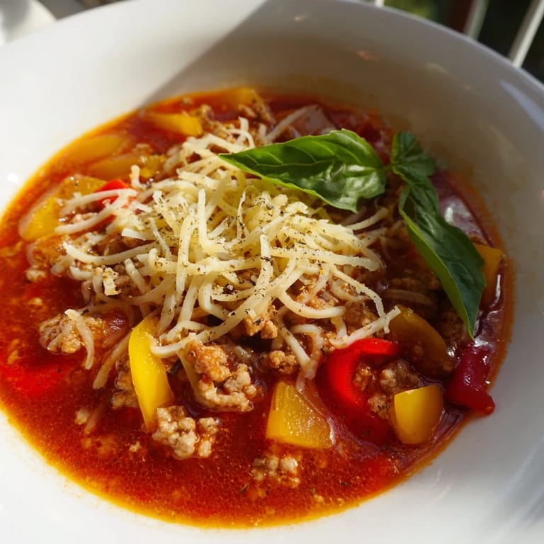 Savory Pizza Soup simmering in a pot, featuring rich tomato broth, sausage crumbles, and fresh basil leaves for a cozy Italian-American meal.