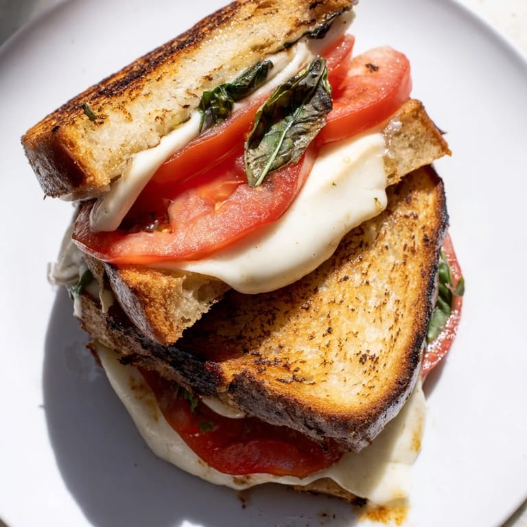 A close-up of Tomato Basil Grilled Cheese, tomato slices peeking from crispy, buttery bread.  