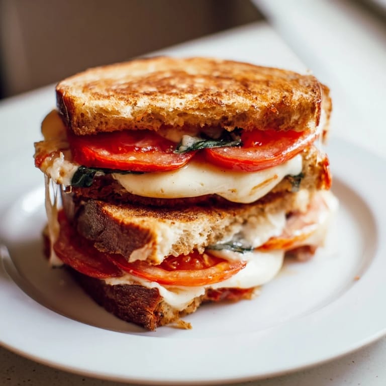 Two halves of Tomato Basil Grilled Cheese, served on a white plate beside fresh basil.