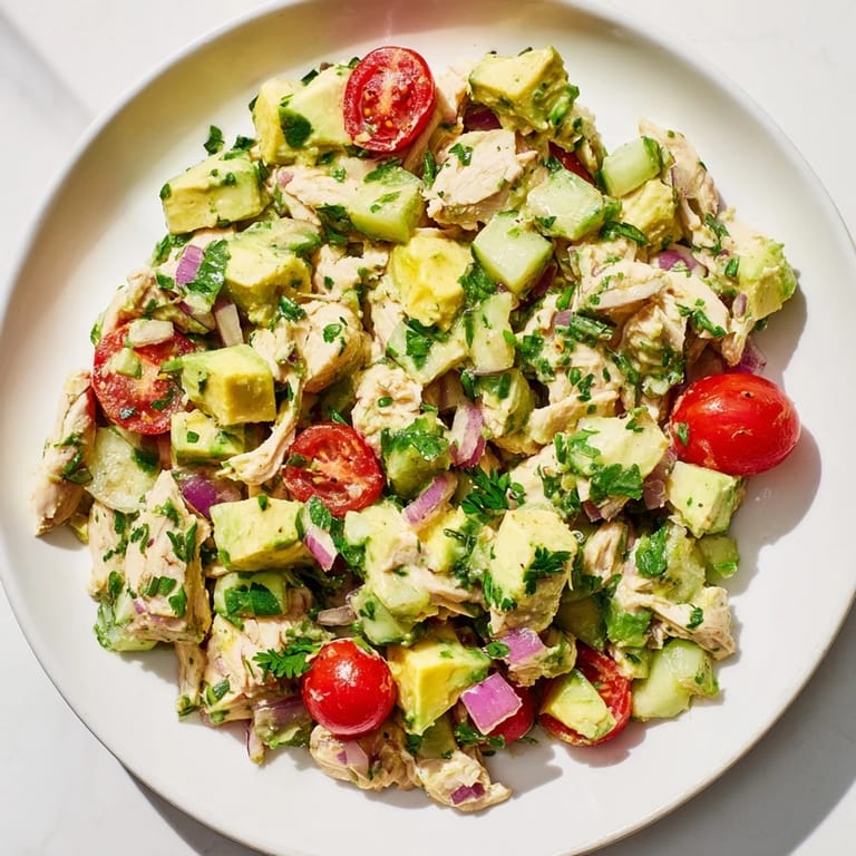 Healthy Avocado Chicken Salad recipe served in lettuce cups, topped with herbs and a light lime-olive oil dressing.