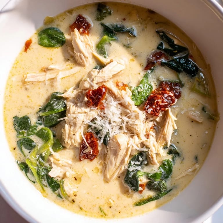 Close-up of Creamy Tuscan Chicken Soup served in a rustic bowl, garnished with grated Parmesan and a drizzle of olive oil.  