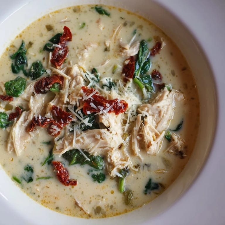 Hearty Italian-style Creamy Tuscan Chicken Soup with shredded chicken, wilted spinach, and sun-dried tomatoes in a savory cream broth.