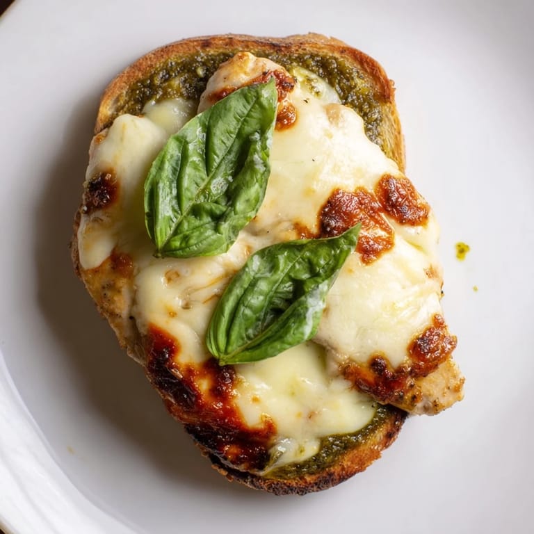 Golden, toasted ciabatta rolls stuffed with a Pesto Chicken Melt, revealing layers of tender grilled chicken, creamy basil pesto, and perfectly melted mozzarella cheese.