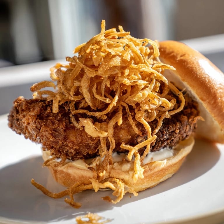 Freshly assembled Crispy Onion Chicken Sandwich, featuring golden fried chicken thighs and crispy onions on a buttery toasted bun.