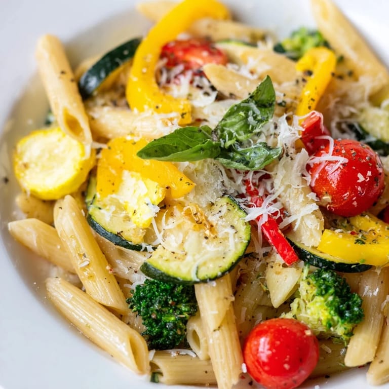 Steamy skillet of Italian Pasta Primavera with seasonal vegetables, served with lemon wedges and a sprinkle of fresh basil.