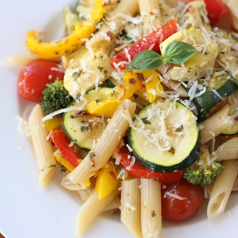 A colorful plate of homemade Pasta Primavera featuring al dente penne and fresh herbs, topped with grated Parmesan cheese.