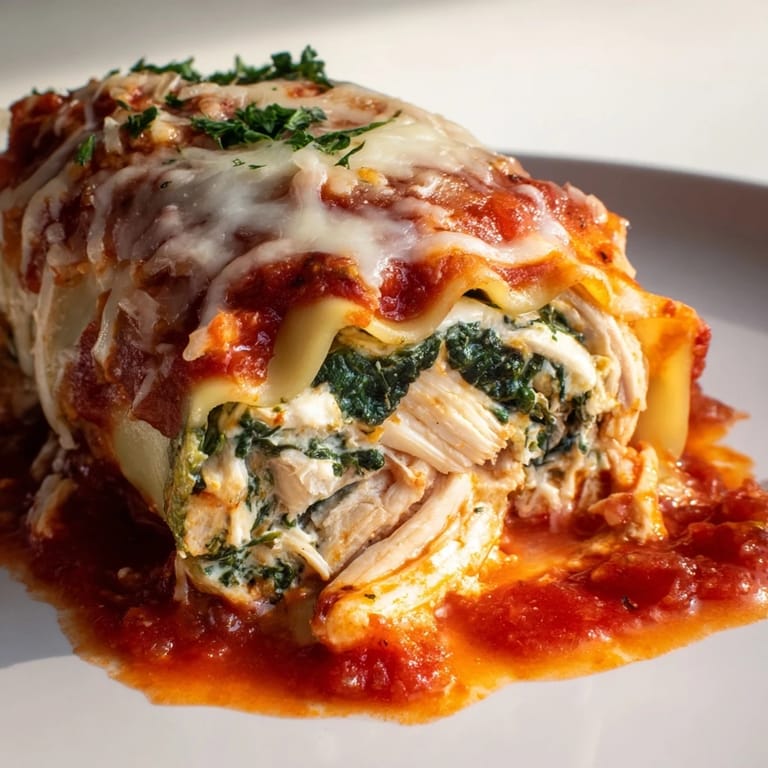 Freshly baked Chicken and Spinach Lasagna Rolls served on a white plate, with bubbling cheese and a side salad.