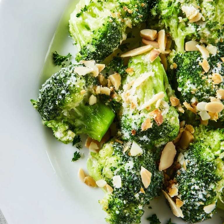 A chilled Garlic Parmesan Broccoli Salad served in a rustic bowl, garnished with fresh parsley and extra Parmesan cheese.