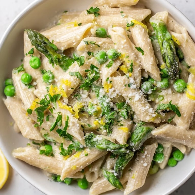 Garlic Parmesan Spring Vegetable Pasta on a rustic wooden table, featuring vibrant peas and asparagus tossed with penne and a sprinkle of extra Parmesan.