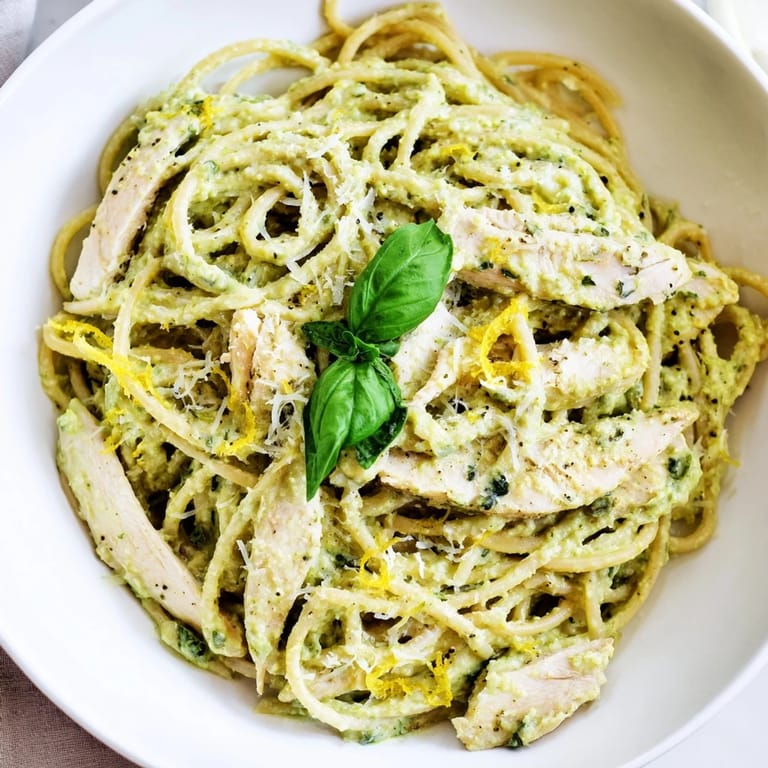 Creamy Avocado Chicken Pasta featuring al dente spaghetti tossed in a vibrant green avocado sauce, garnished with fresh basil and lemon zest.  