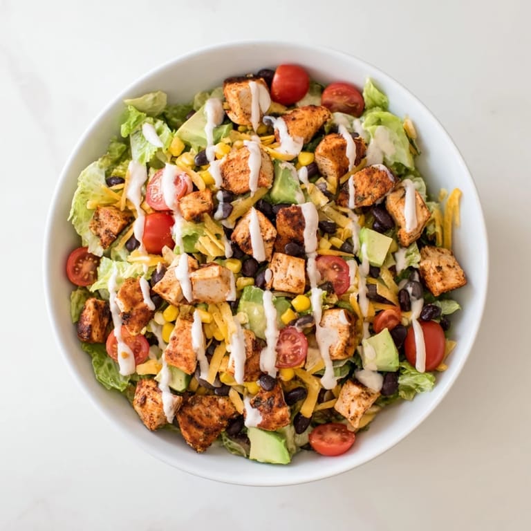 Colorful Tex-Mex Chicken Taco Chopped Salad topped with cheese, corn, tomatoes, and crushed chips.