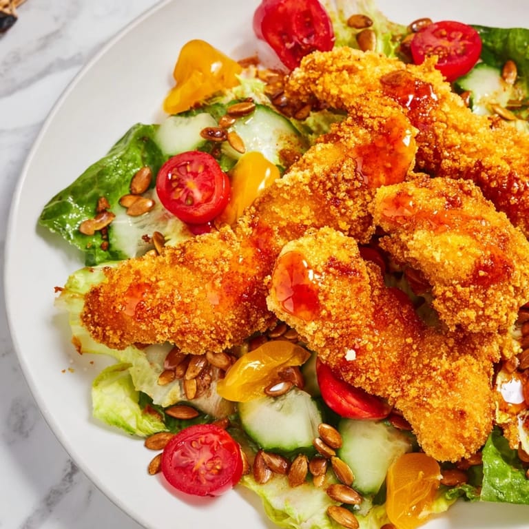 A serving of Crispy Hot Honey Chicken Salad topped with crunchy seeds and diced cucumber.