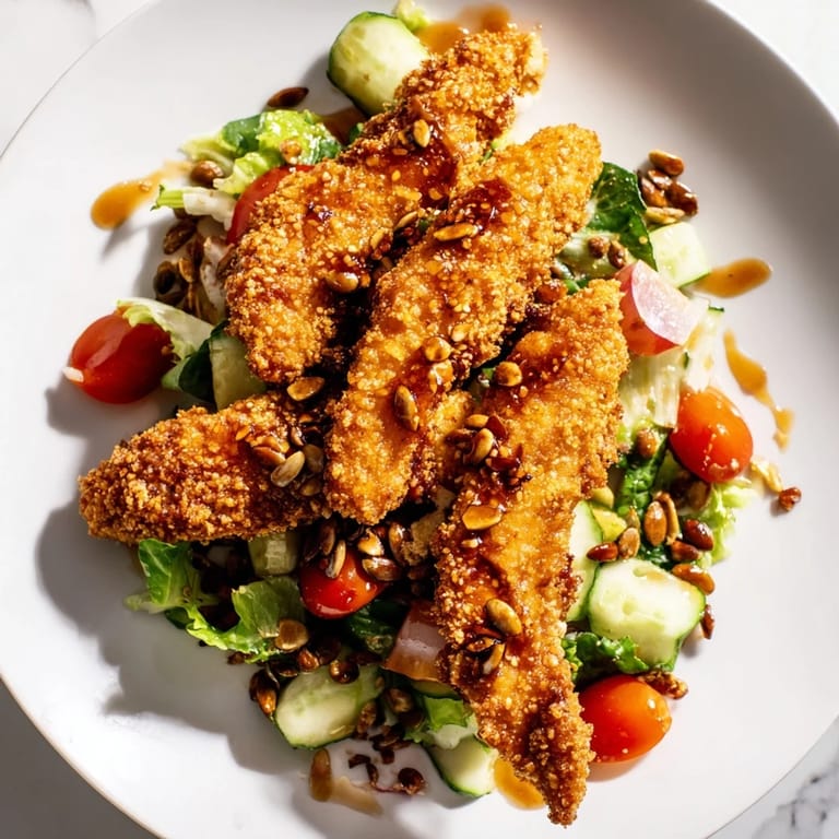Close-up of Crispy Hot Honey Chicken Salad showing crispy chicken strips on greens with hot honey drizzle.
