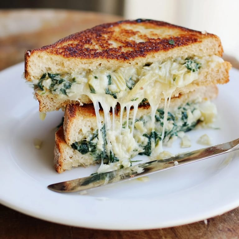 The Artichoke Spinach Grilled Cheese features a creamy, bubbly interior and crisp buttered crust.