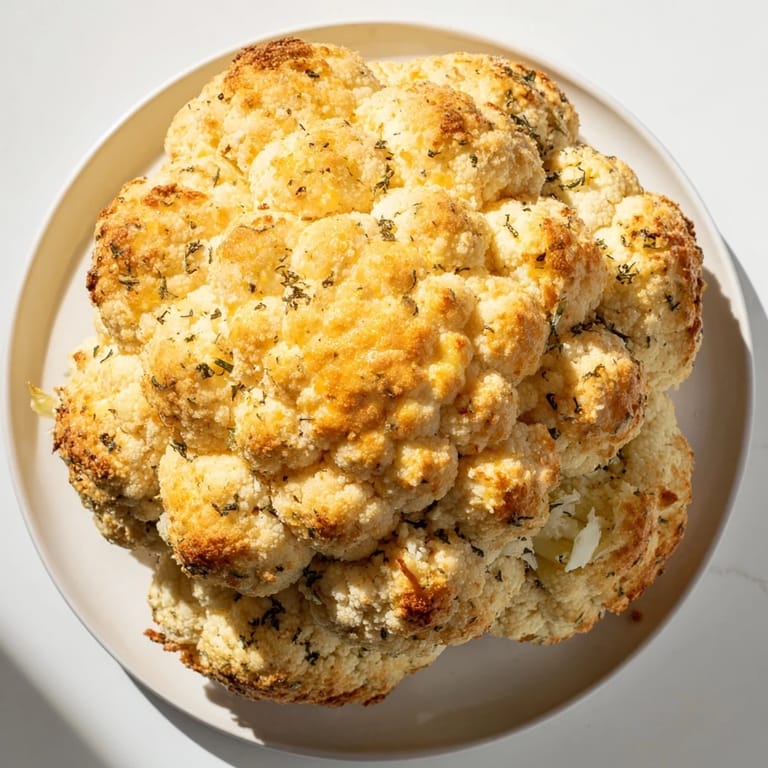 Savory Cheesy Stuffed Cauliflower Head served as a vegetarian main, garnished with fresh chives and a drizzle of olive oil.
