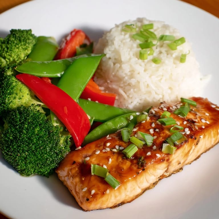 Golden maple soy salmon on a bed of rice and bright vegetables, drizzled with extra glaze and lime wedges.