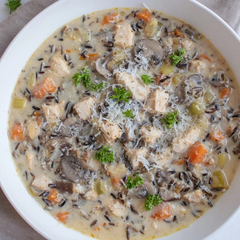 A close-up of creamy Parmesan Mushroom Chicken and Wild Rice Soup served in a rustic bowl.