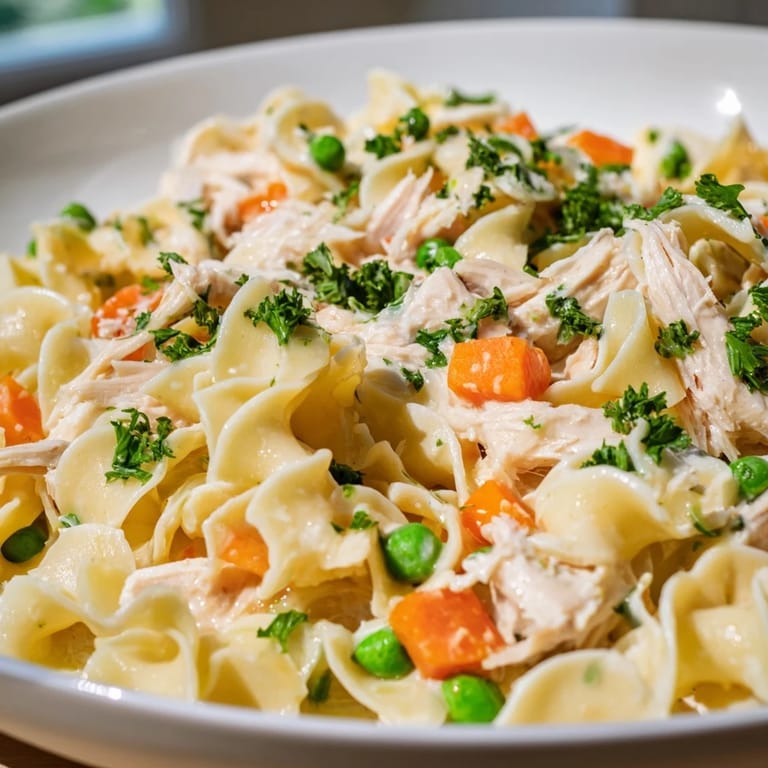 Overhead view of Spring Chicken Noodle Skillet in a white pan, featuring shredded chicken, peas, carrots, and herbs, perfect for an easy weeknight dinner.