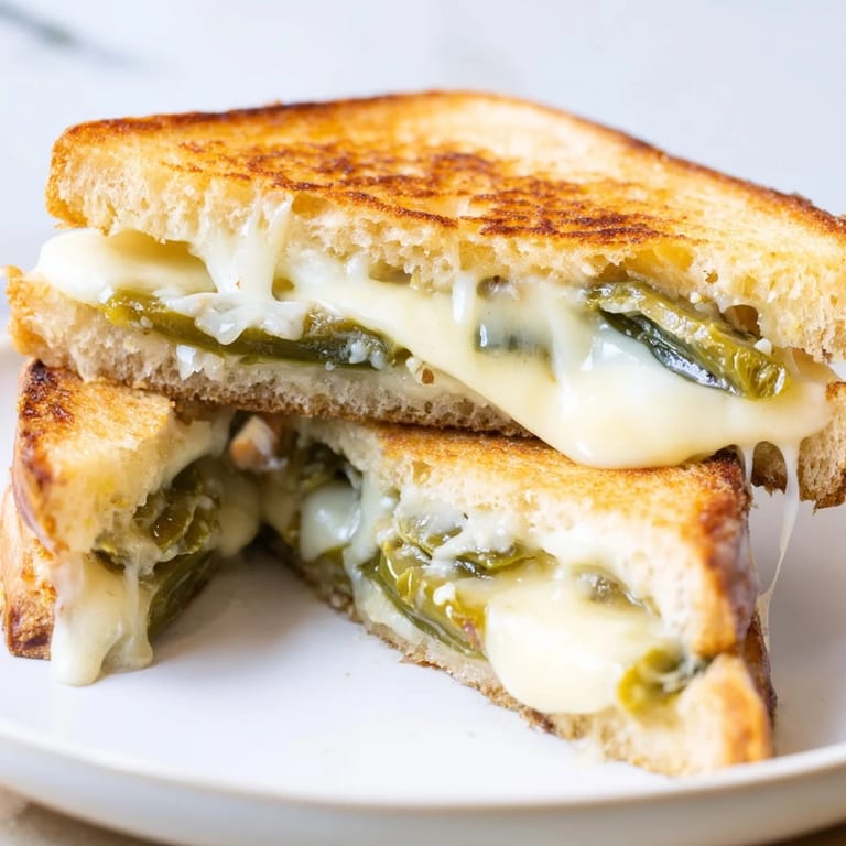 A close-up of a sliced Jalapeño Havarti Grilled Cheese, revealing creamy Havarti and fresh jalapeños on crispy, golden-brown bread.